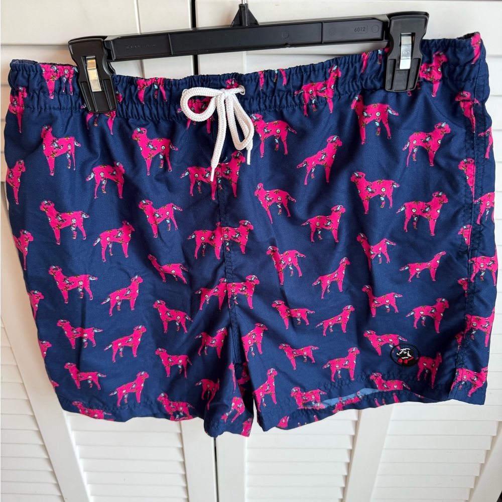 Navy Swim Shorts with Pink Dog Print